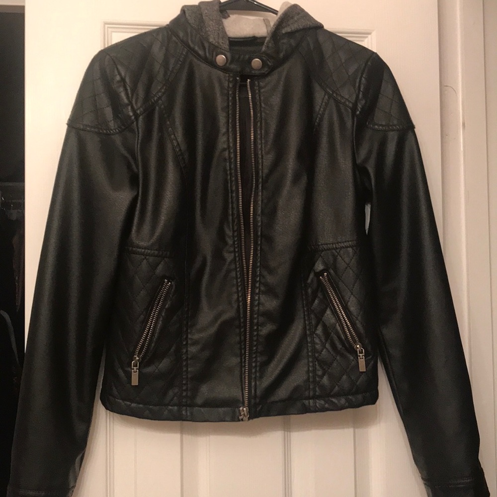 New Look faux leather jacket with gray hood